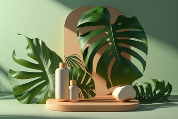 Background for natural organic products showcase or display. An empty podium stand on green background with beautiful leaves shadow. Eco, Cosmetic, spa - generative ai