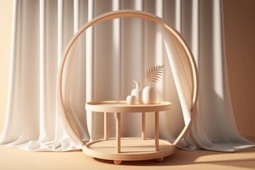 Obraz na płótnie Canvas Beautiful empty two wooden side table tray with white curtain and beautiful sun light - generative ai