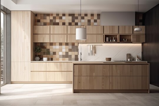 Modern kitchen, presentation template, mockup idea, geometric square mosaic graphic effect, concept interior design,. Generative AI