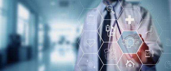 Artificial intelligence (AI) in healthcare concept. Helping to diagnose diseases more accurately, personalize treatments, and reduce costs. Analyze  data to identify patterns and predictions.