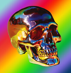 Abstract illustration from 3D rendering of a screaming skull made of chrome metal with colorful reflections isolated on rainbow multicolored background.