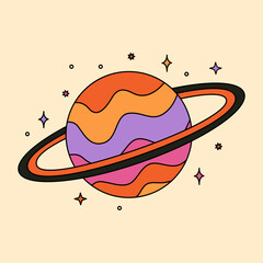 Abstract psychedelic planet with rings illustration in 70s and 80s style. Acid space, trippy art. Vintage hippie drawing. Groovy vector graphic. © Olga