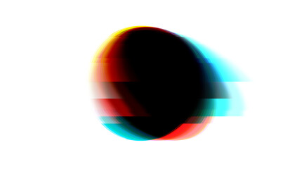 Multicolored glitched round geometric shape with noise, scanlines and screensclices on white background in corrupted graphics style.