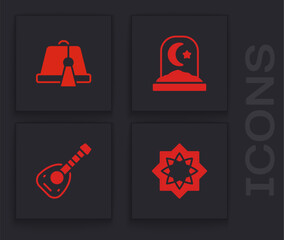 Set Octagonal star, Turkish hat, Muslim cemetery and Lute icon. Vector