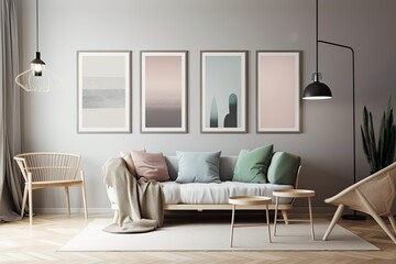 Presentation of a poster or photograph in a mock up poster gallery wall with six frames in a solid room in pastel ash gray. Generative AI