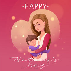 Happy Mothers day greeting with woman holding child smiling in heart shape in cartoon style, mum and baby poster, card with text.