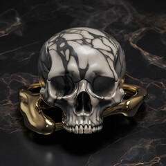 Abstract illustration from 3d rendering of a white marble skull sculpture on a golden and liquid on black marble background.
