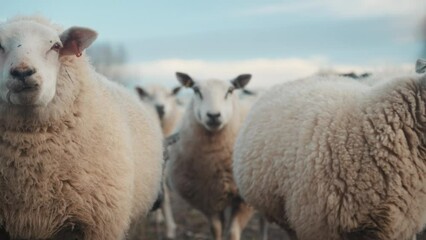 Sheep grazing on a farm, white sheep farming animals, agriculture setting, wool and grass in a rural area	