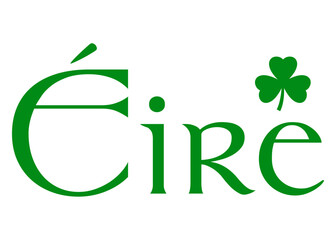 Logo del día de San Patricio. Letras de la palabra Eire en texto manuscrito en irlandés con silueta de shamrock de 3 hojas