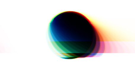 Multicolored glitched round geometric shape with noise, scanlines and screensclices on white background in corrupted graphics style.