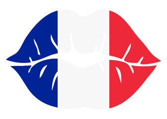 Logo I love France. Silueta aislada de labios de mujer con los colores de la bandera de Francia