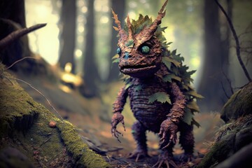 Fototapeta premium Cryptic Creature Disguised as Leaves and Branches in the Woods generative ai illustration