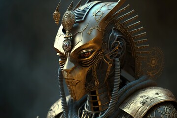 Obraz premium Gold Pharaoh Robot Epic Sci-fi Portrait with Ornament Details and Dynamic Action Pose generative ai illustration 