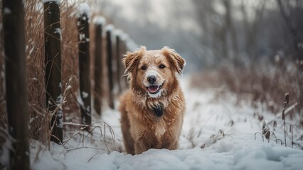 Happy dog ​​playing in backyard in winter snow