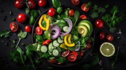 Fototapeta na wymiar Overhead shot of chopped vegetables for healthy salad. Healthy diet. Restaurant menu background. Generative AI