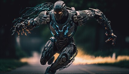 Obraz na płótnie Canvas Sci-fi Futuristic Robot Warrior in Action Amidst Blurred Desert and Smoke generative ai illustration