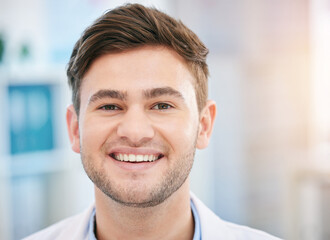 Smile, doctor face and portrait of man in hospital with for wellness, medicine and medical care. Healthcare, headshot and closeup of happy health worker in clinic for consulting, trust and mockup