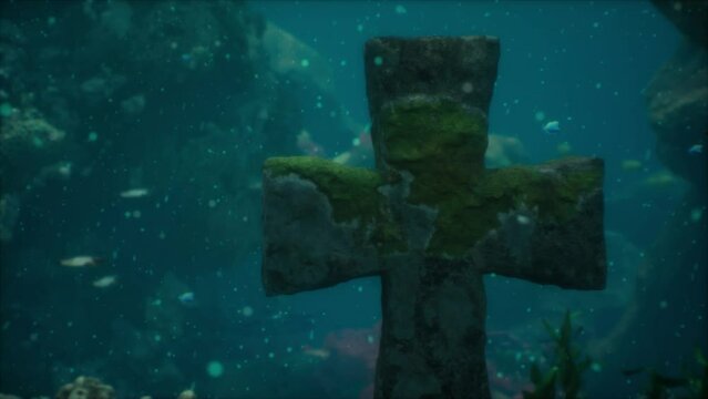 Crosses underwater in sunken cemetery on bottom of volcanic origin in Atlantic