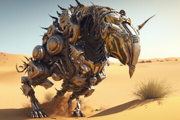 Sci-fi Futuristic Robot Warrior in Action Amidst Blurred Desert and Smoke generative ai illustration