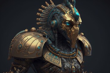 Gold Pharaoh Robot Epic Sci-fi Portrait with Ornament Details and Dynamic Action Pose generative ai illustration 