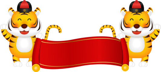 Cute cartoon character tiger holding a blank Chinese style red traditional retro reel