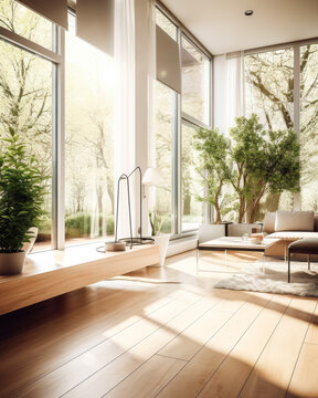 illustration d'un appartement lumineux moderne avec de grandes fen&ecirc;tres cr&eacute;&eacute;es avec la technologie AI