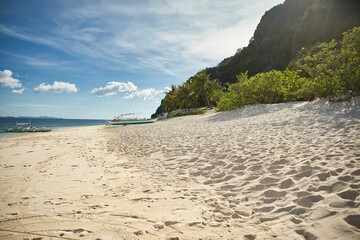 Paradise beach of Coron, Palawan in the Philippines with fine white beach, palm trees and majestic rocks.
