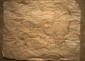 Photo of the texture of old yellowed paper on a wooden table.Background of a pure vintage letterhead for text. The texture of crumpled paper.