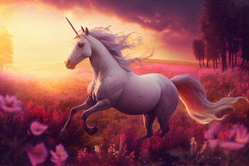 Obraz na płótnie Canvas Mythical unicorn in a blooming field. AI generated
