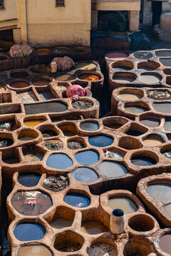 The tannery in Fez. The tanning industry in the city is considered one of the main tourist attractions. The tanneries are packed with the round stone wells filled with dye