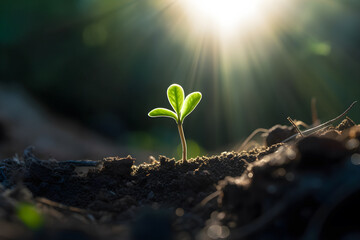 Young Green Sprout Reaching for Sunshine from Fertile Ground