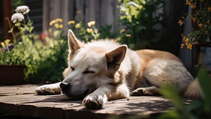 Dog resting and taking a nap in the summer backyard