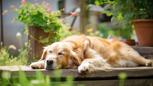 Dog resting and taking a nap in the summer backyard