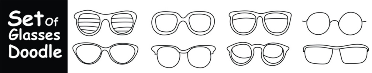 Fashionable accessories. Hand Drawn Doodle Glasses Seamless pattern. Different shapes sunglasses, eyeglasses - Black and white Vector illustration