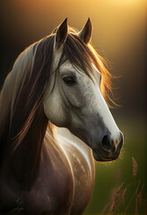 Portrait of a horse in the pasture. AI generated