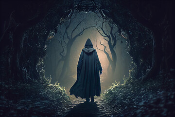 A dark magician in a cloak walks through the forest on a full moon. AI generated - obrazy, fototapety, plakaty