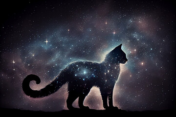 Silhouette of a cat from the fog and stars in the night sky. AI generated