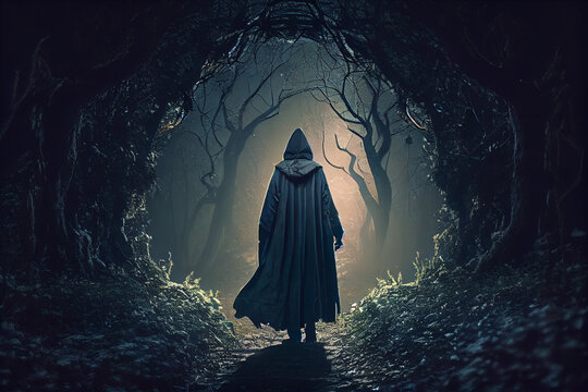 A dark magician in a cloak walks through the forest on a full moon. AI generated