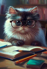 Cute kitten schoolboy doing homework. AI generated