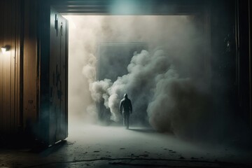 Silhouette of a Man Standing in a Vast Smoke-Filled Hall | Mysterious Atmosphere | Generative AI Illustration