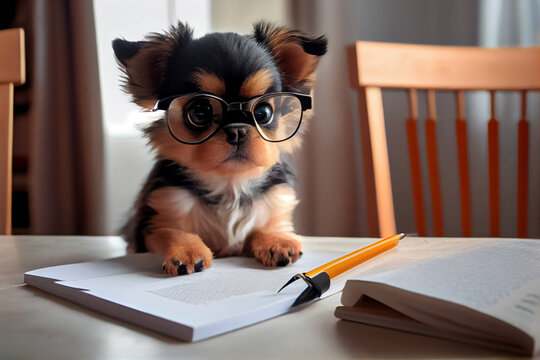 Cute puppy schoolboy doing homework. AI generated
