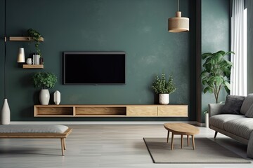Modern living room with TV on green wall and wooden plate over cabinet. Generative AI