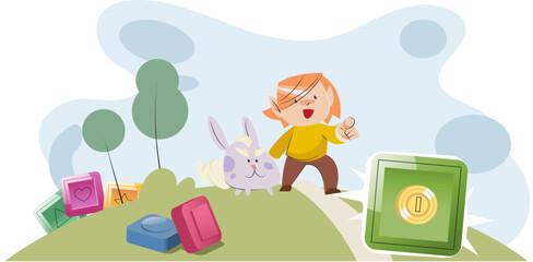 Fototapeta premium Play to earn, player makes profit from games created on basis of blockchain project with elements of NFT. Gaming with cryptocurrency, gameplay to earn, Metaverse, digital world, virtual character