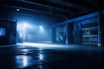 Empty vast interior space at night with smoke and spotlights generative ai illustration 