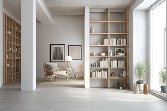 A bookcase, a concrete floor, and a white living room wall with an empty frame on it. a rough interior design idea using a blank mockup of your design. Generative AI