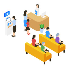 待合室と人々のアイソメトリックイラスト(クリニック・病院)