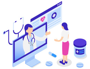 オンライン診療で受診する女性のアイソメトリックイラスト.