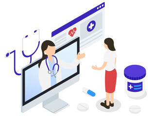 オンライン診療で受診する女性のアイソメトリックイラスト