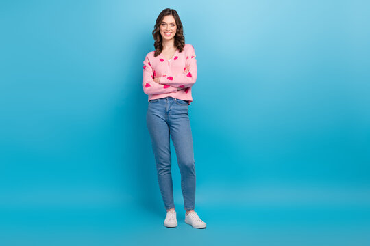 Full body photo of attractive woman crossed arms dressed stylish pink strawberry print outfit isolated on blue color background
