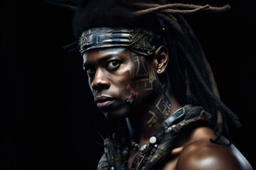 a black Futuristic Cyberpunk Tribal Warrior generative ai illustration 